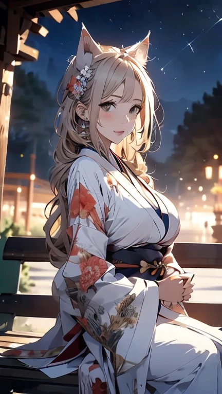 (Top Quality, High Resolution, Masterpiece, 4K), (soft light, shiny hair, beautiful eyes), young woman, full body view, lovely smile, ((long wavy hair, bangs, light colored hair)), ((greedy eyes, glay eyes, perfect eyes)), ((detailed face, blush:1.1)), (( Smooth texture:0.75, Realistic texture:0.65, Realistic:1.1, Animated CG style)), Large breasts, cleavage, seductive body, (random color Japanese yukata, perfect detail yukata), Pretty necklace, cute earrings, (coming down big stairs in night park),light on face, hand in own hair, showing chest with smiling , from below++, gesture of hair tied back with both hands, dynamic pose,Look up at the fireworks