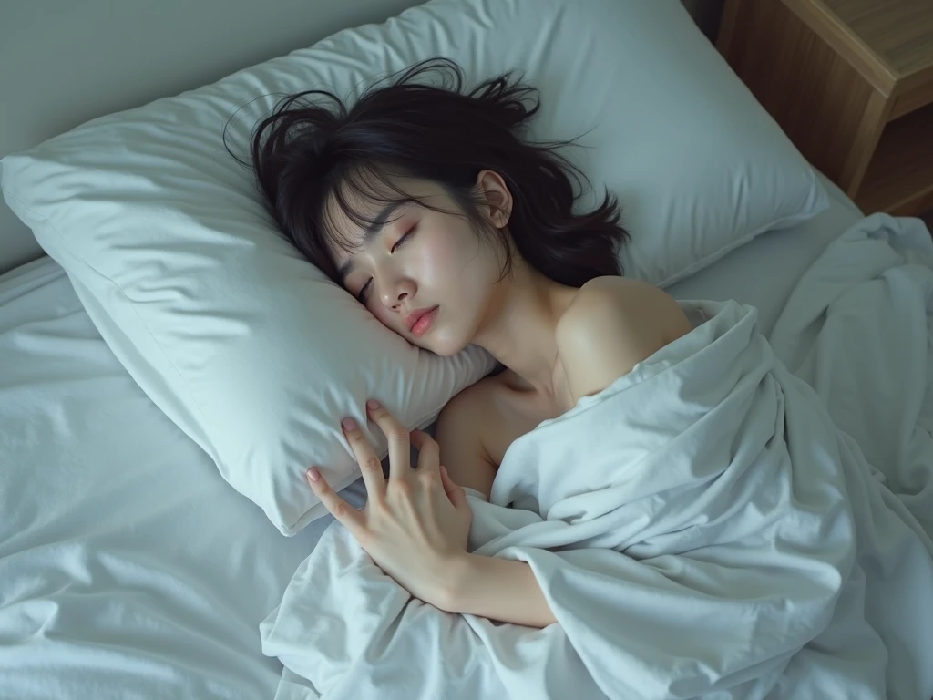 (Best quality: 1.2), RAW photos, high resolution, perfect details, professional photography, professional lighting, clear focus, very beautiful and lovely girl, Chinese girl, beautiful and delicate face and eyes, black hair, bangs, sleeping on white sheets, closing eyes, wearing pajamas, on the right side of the picture, accounting for one-third of the picture, dark light lines