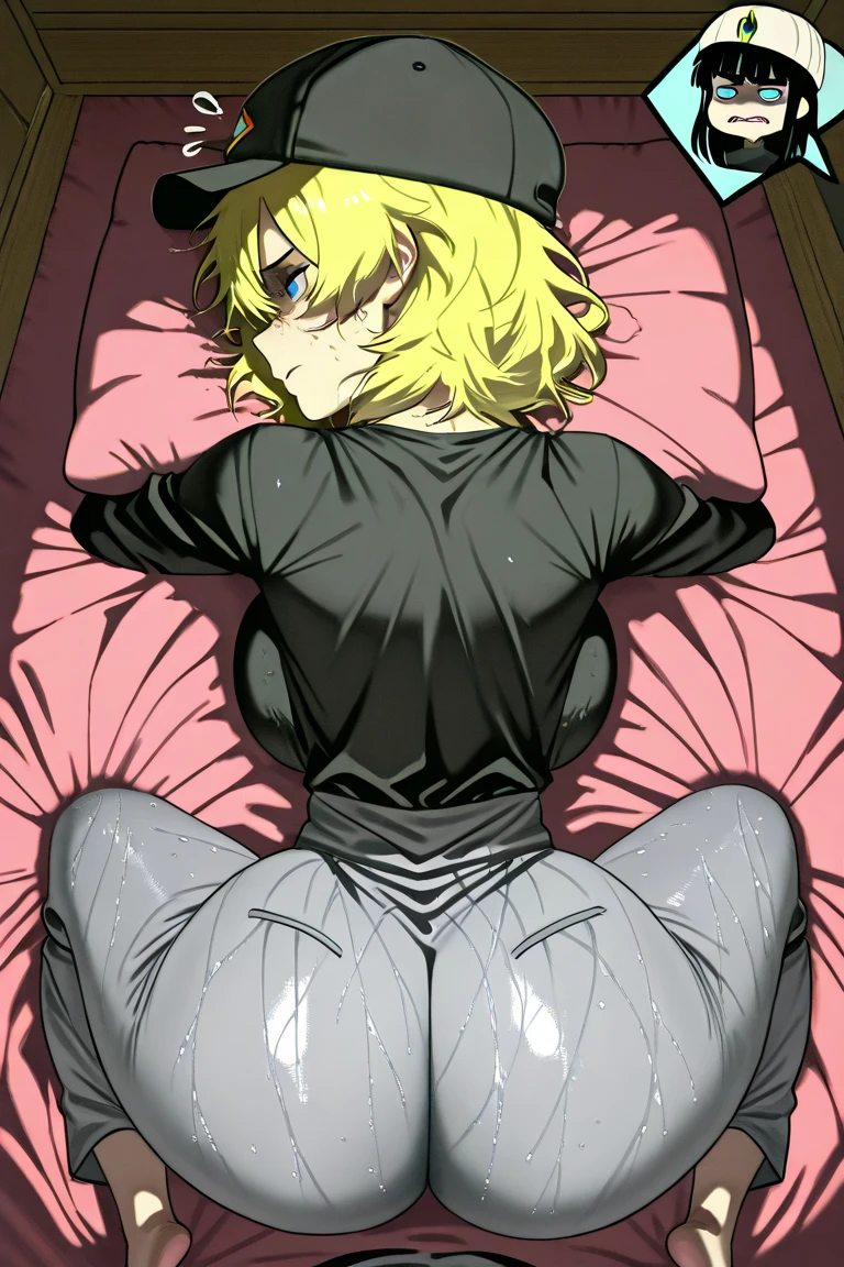 tennis girl's massive rear butt cheeks out of bottomless slutty mini sweater out bare, showing her butt, lying down, on bed, wearing oven mittens under big pillow, blindfold
