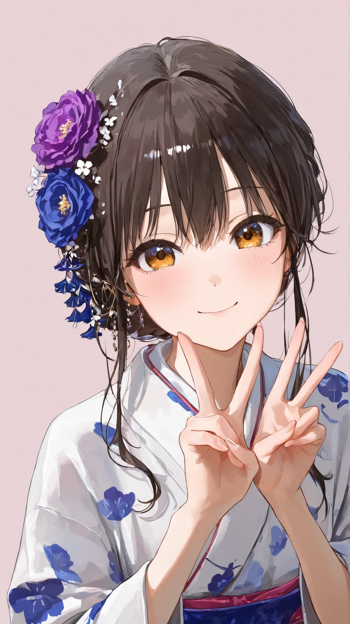 High Definition、Delicate Details、4K image quality、simple background、Kimono、Smiling、peace sign