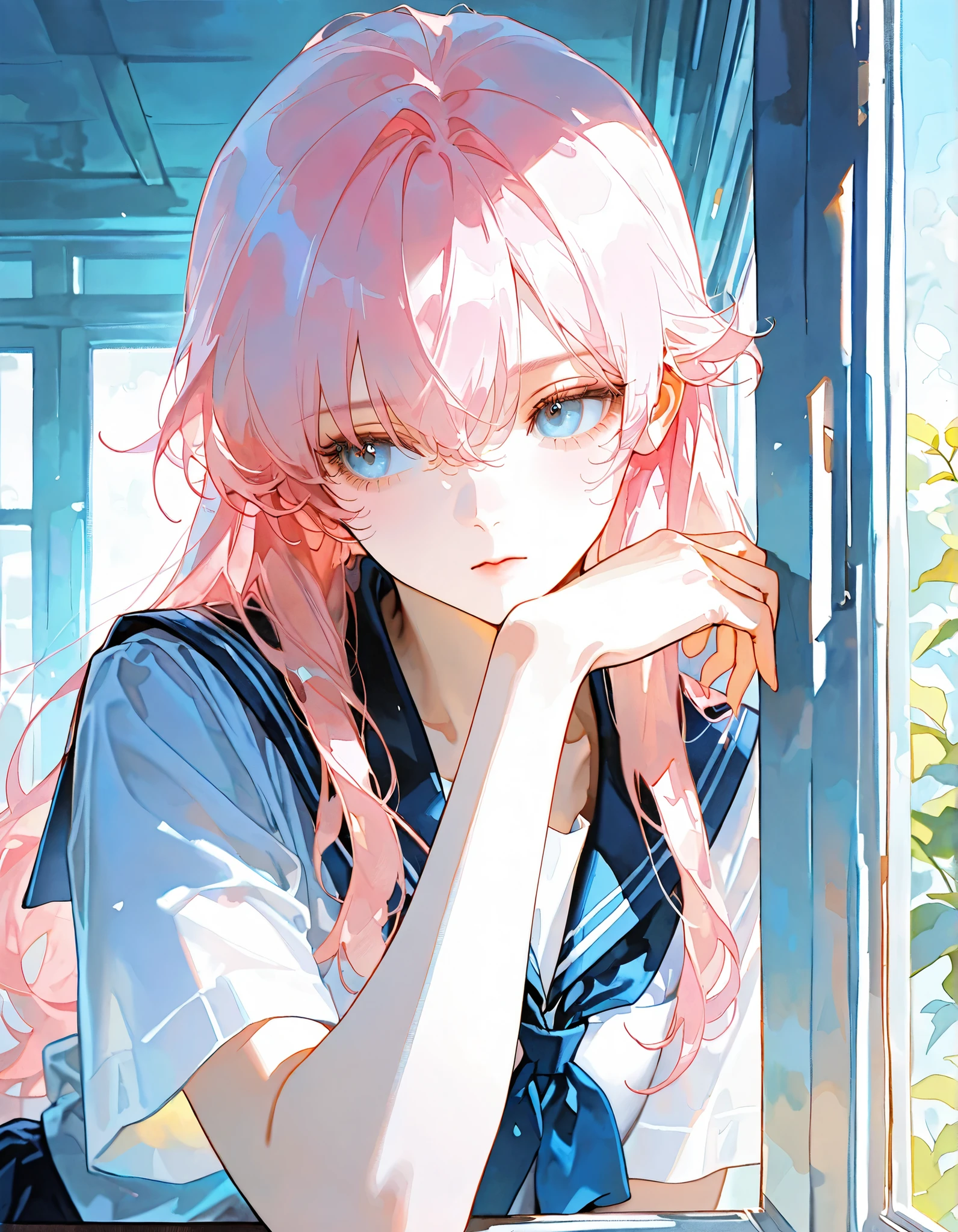 (((girl))), Cowboy Shooter,School uniform ,1 female，((Solo)), Pink hair,Blue Eyes,Long hair, watercolor, masterpiece, Thinking by the Window, 【8k,  Beautiful Appearance ，Detailed Eyes