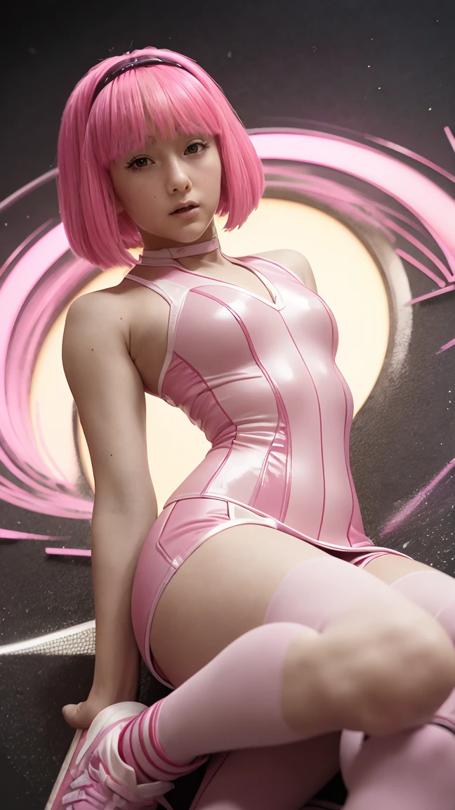 (highest quality:1.2), a 20-years-old girl is standing, view from behind, connected to machines with many wires, looking up the ceil, a photorealistic cute gymnast, beautiful face, European face like a  doll, open mouth with surprise, blank eyes, soul-less face with no emotion, Short-cut pink hair, upper body portrait abobe the knees, wearing long sleeve latex leotard,tight-fitting colorful and extra shiny leotard, wearing colorful shiny tights