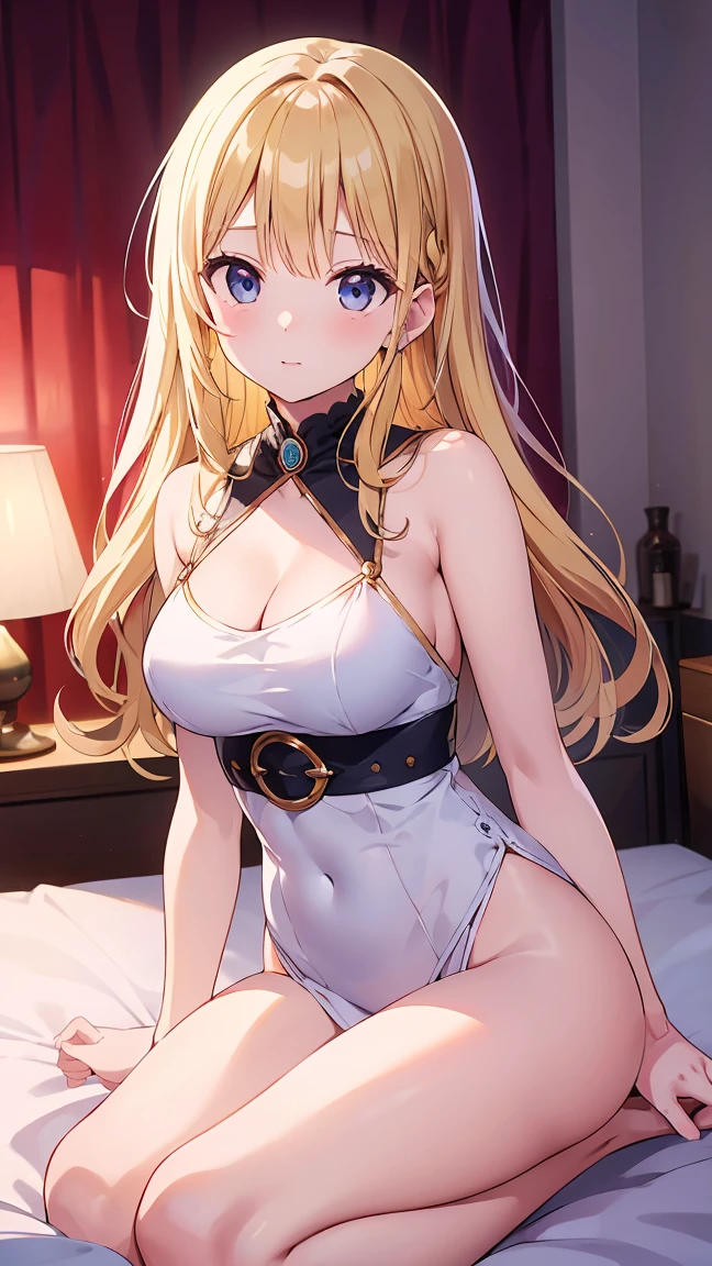 masterpiece,Highest quality,1girl,alone,blonde hair,long hair,straight hair,blue eyes,prostitute,brothel,sad smile,breastless clothes,nippleless clothes,crotchless,vagina,nipple,