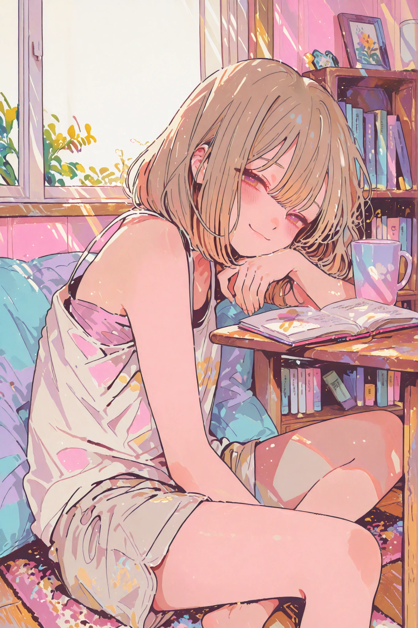 A cute anime-style girl inspired by 'Cella Baca Buku' looking at viewer. She has long, wavy light brown hair, soft expressive eyes, and a warm, relaxed smile. She wears casual home clothes: a snug-fitting tank top and soft cotton shorts or loose lounge pants that highlight her natural shape modestly. She's sitting on the floor beside a low table, reading a book with a cup of tea nearby. The background is a cozy, warmly lit room with bookshelves, pillows, and soft sunlight coming through a window. Style: pastel color palette, slice-of-life anime aesthetic, clean line art, peaceful and intimate mood.