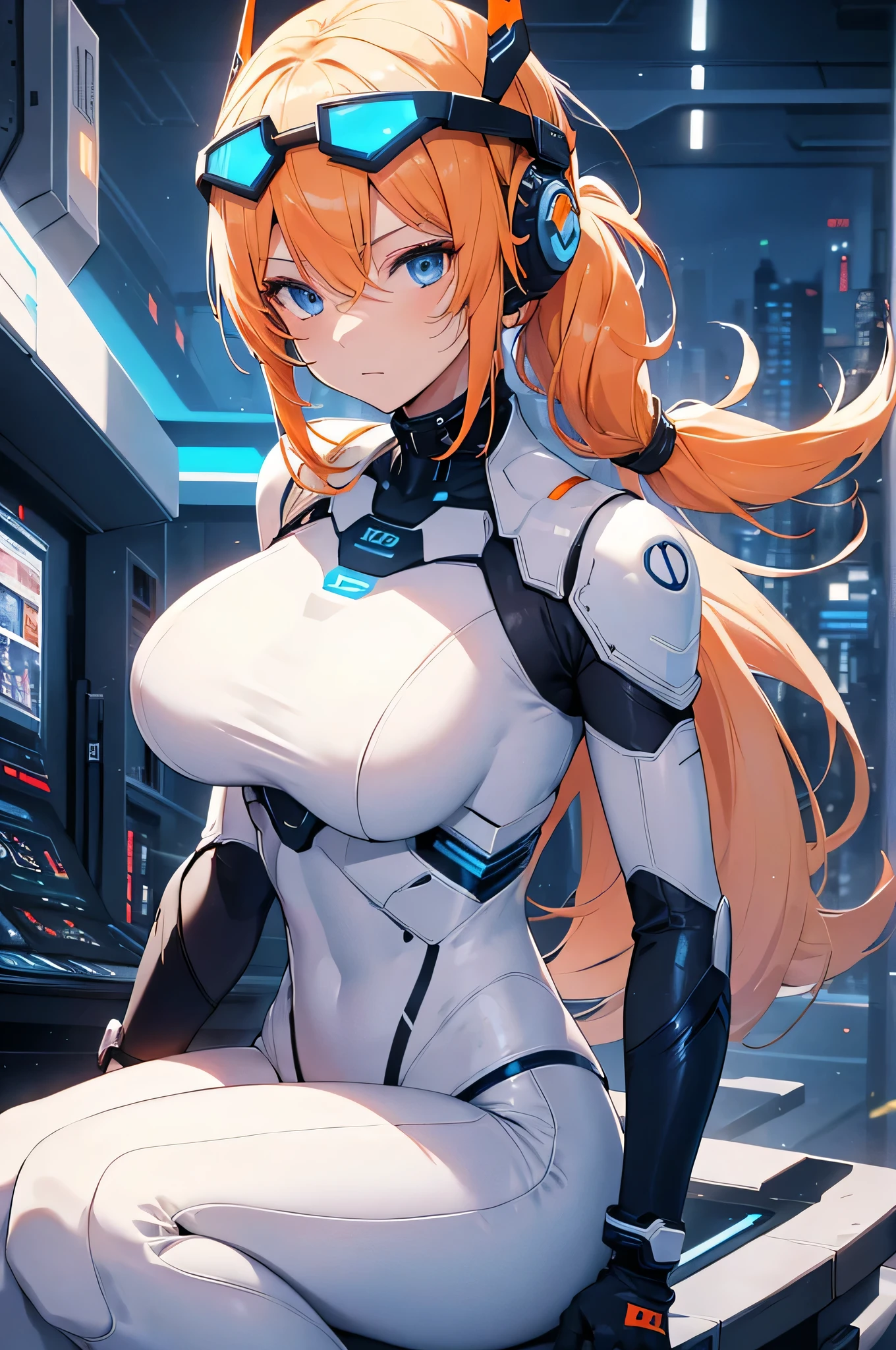 ((masterpiece)), ((best quality)), (ultra-detailed), ((kawaii)), cute, (lovely), ((sexy)), (ero), ((extremely detailed)), 4K, (8K), best quality, (beautiful), in the middle, laboratory, a pretty woman, solo, robot suit, robot, beautiful red hair, beautiful blue eyes, ((beautiful eyes)), white-skinned, long ponytail hair, swept bangs,large breast, smile,parted lips