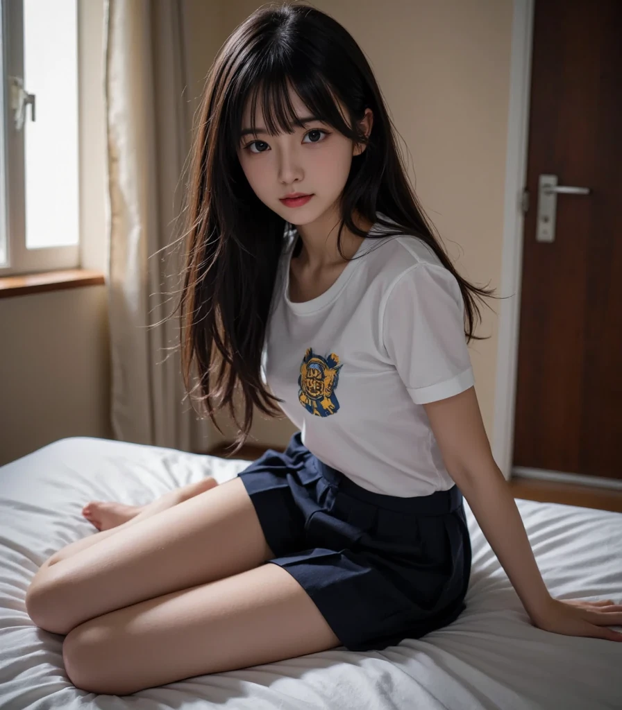 (Best Quality), masutepiece:1.2, 超A high resolution,Move the center of gravity back、Thin leg、((90 degree knees:1.4))、((heels on the ground:1.4))、((Put your hands forward from your feet、Put your feet in a ring of hands:1.5))、 ((cowboy shot:1.4))、((Shot from below:1.4))、Photorealistic:1.4, Raw photo, ((In front of the fireplace in a dark mountain hut:1.4)), (Wide angle shot), ((Collared short sleeve white shirt for students:1.4)),(1girl in),(15 year old girl), (Pink nipples show through:1.4), ((wetted skin:1.5)), (Real Skin), ((medium breasts:1.4))、(Semi-long wavy hair, dark brown hair)、 ((Denim skirt:1.4)),((Not wearing panties:1.4))、((Detailed female genitalia、Pubic hair:1.4))、 (hyperdetailed face), ((shairband:1.4)), (Ultra detailed eyes), (Ultra-detailed nose), (Ultra detailed mouth), (Ultra detailed arms), (ultra detailed body), Pan Focus, gaze at the audience、((Glaring with an angry face:1.4))、((see -through))、((Wearing sneakers:1.4))、