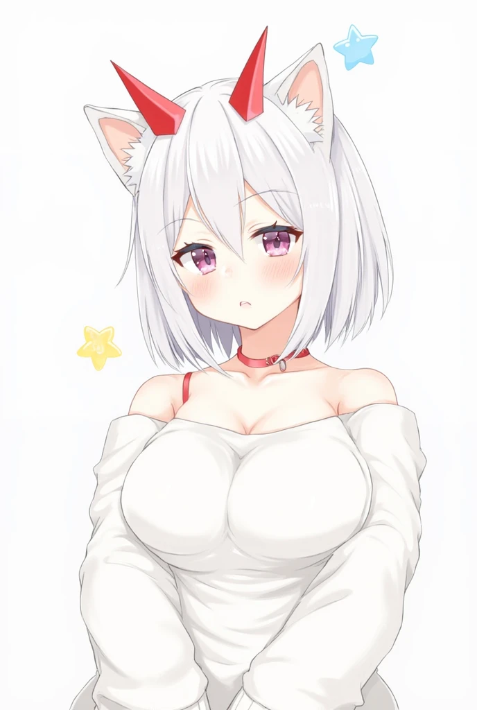 Girl with white hair, cat ears, black glasses, blushing extremely, she has put on a bra if her breasts are small, grabbing her breasts, a black skirt, a cat tail with black stockings on the bed