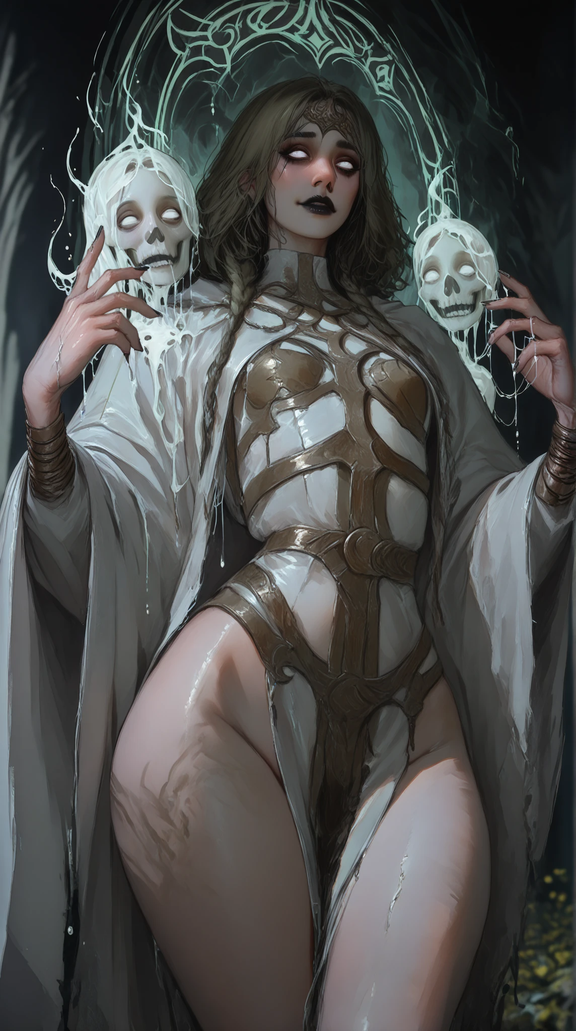 Scary and sexy sea monster woman masterpiece, best quality, no distortion, no extra limbs, defined and perfect detail (extremely detailed CG unity 8k wallpaper), (best quality), (best illustration), (best shadow), absurdres, realistic lighting, (Abyss), beautiful detailed glow, art by PeterMohrBacher,
