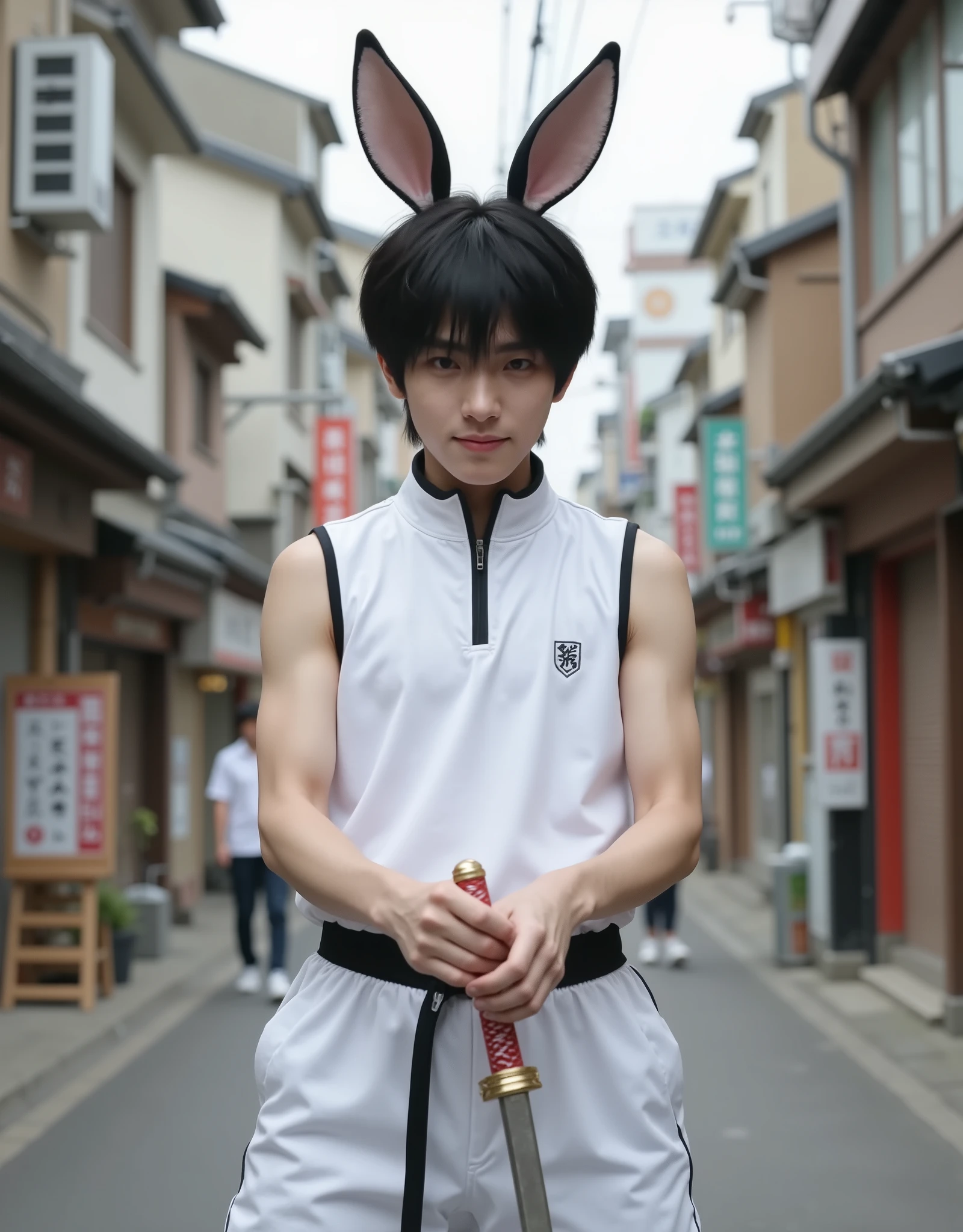 1 boy, masterpiece, Realistic, best quality, Ultra High Resolution, absurd, Japanese boy, young, Very Handsome, perfect face, Black Short Hair, Hairstyle , Shiny Hair , Bangs, Rabbit ears, white sleeveless tracksuit, black belt, Pale Skin, Slim body and muscles, perfect body proportions, Battle posture , playing a sword, In Japanese street fighting, Smile bad, Full Body, Front View, The composition is clear, 8K resolution,