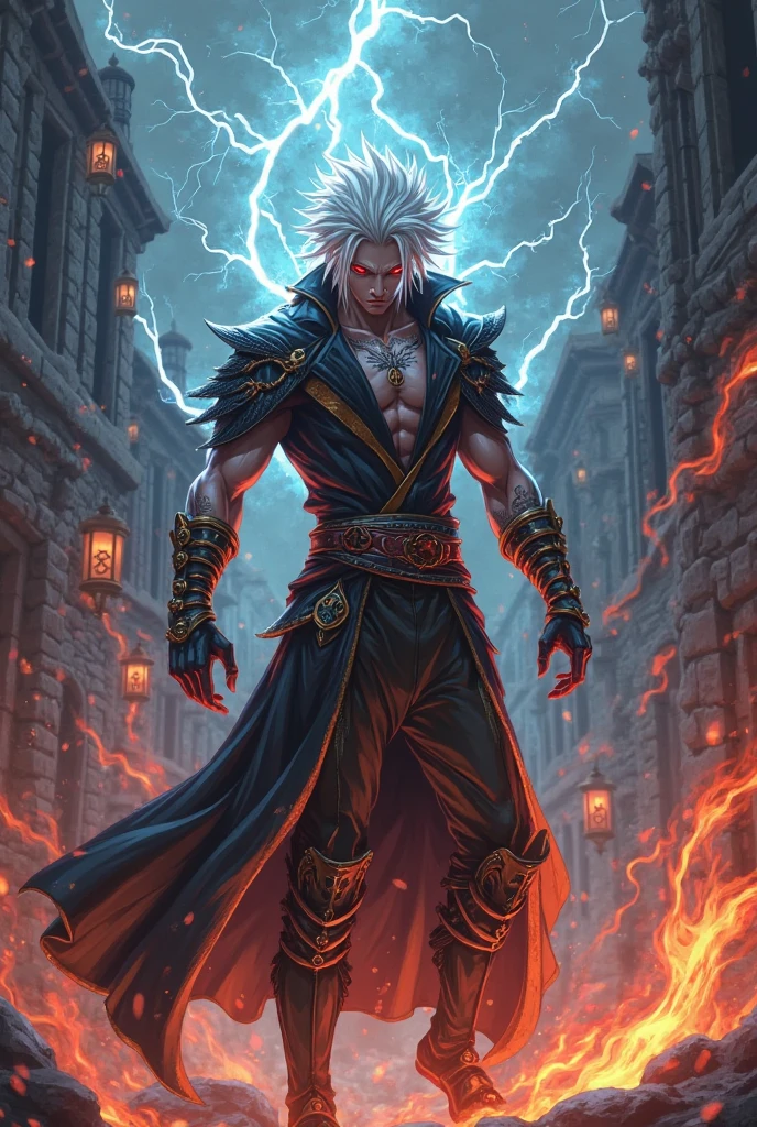 Male demon age 20, greman, crazy smile, yellow eyes, white hair visual kei, evil eyes, long crazy smile, royal blue and black leather matrix long gabardine open, red orange skin, black cargo pants, only right arm on blue flames, cyberpunk japanese style, belt with a blue ying yang, chains around the belt, athletic, magic powers, action, cunning look, demon alligator legs, black cat nails, hit pose, black night background, uncovered head