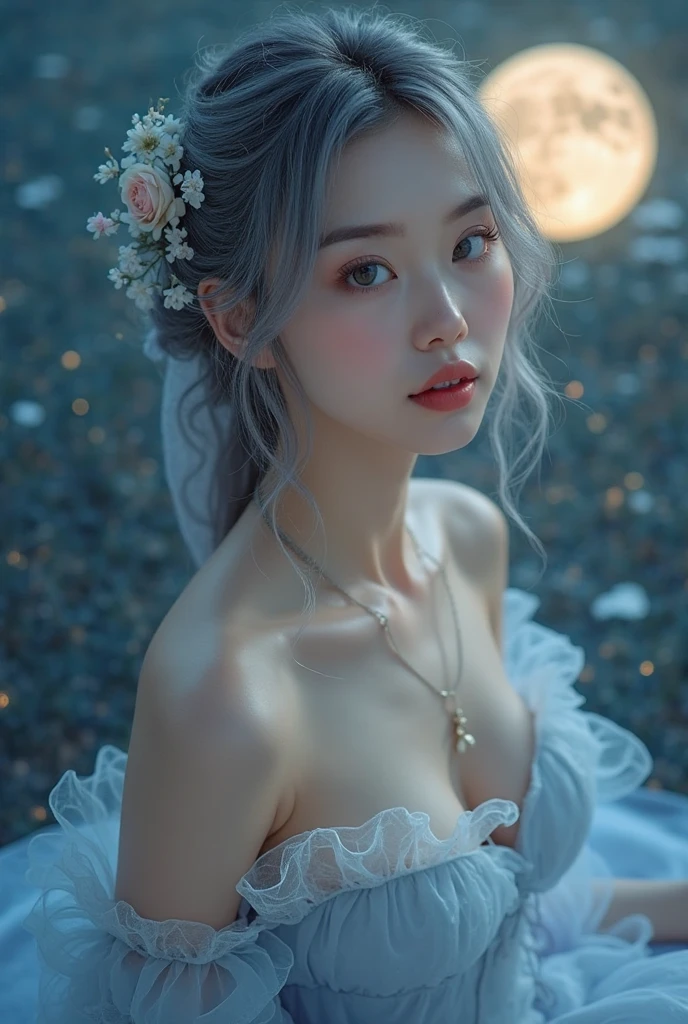 Big Tits,Big Ass,

 Moon Goddess • Costume: In a silver-blue robe、Embroidered moon and star motif design。A long pale blue veil hangs down her back.、Decorate with silver accessories。On her head she wears a tiara shaped like a crescent moon.。
	• Makeup: Cool-toned blue and silver eye makeup、Gives a cool look to the eyes。Lips in pale pink or silver nuances、It gives an overall mysterious impression.。