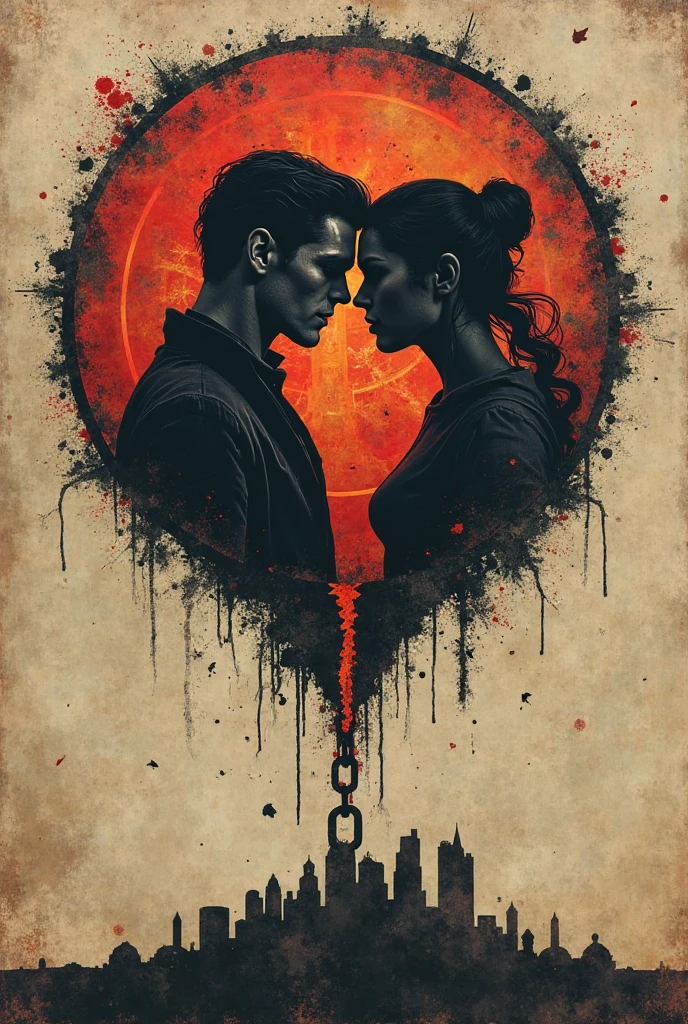 art guy and girl standing opposite each other. guy pulls girl by pendant, which is located on her neck. their faces are not visible, silhouettes. 