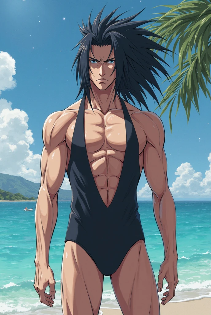 Create a single photo male anime character image,similar to a ,black hair,corpo fluffly,Caucasian skin, fluffly,with an angry face,with beach background
