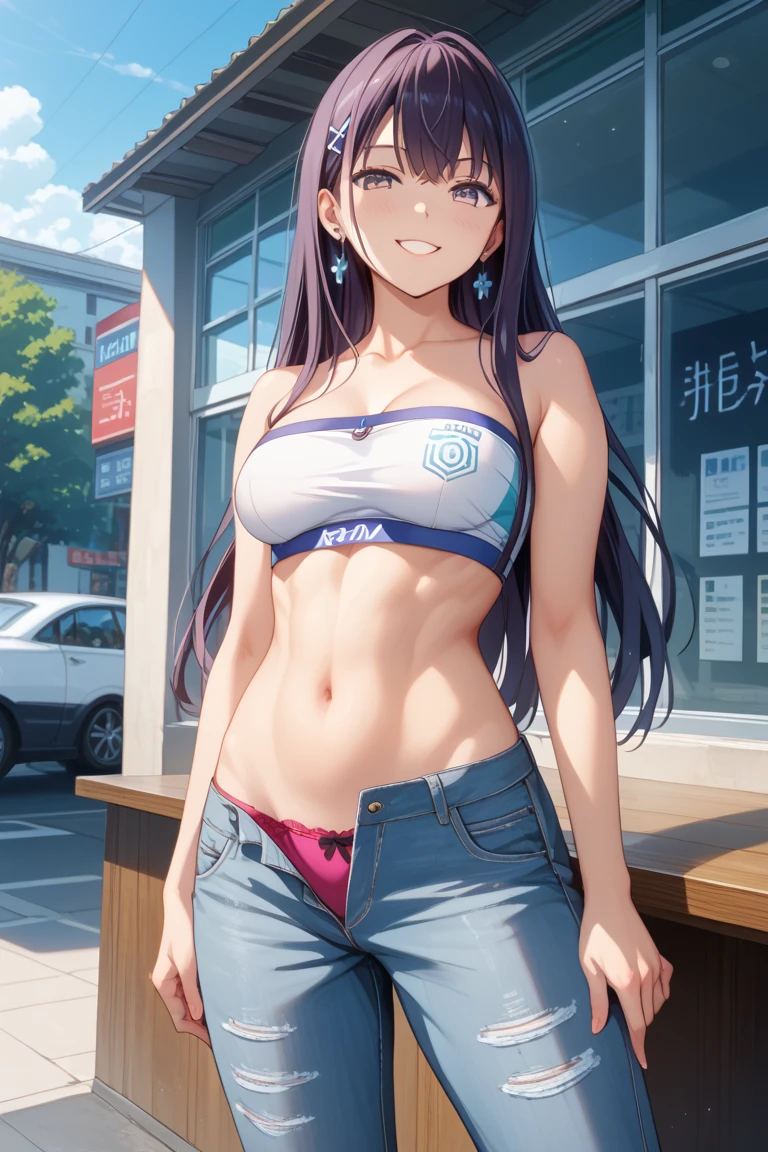 highest quality、(1 female)、Stand in the city、black hair、long hair、straight hair、blue eyes、Navel exposure、i like the style、D cup、Athlete Wear、White tops、too much exposure、transparent nipples