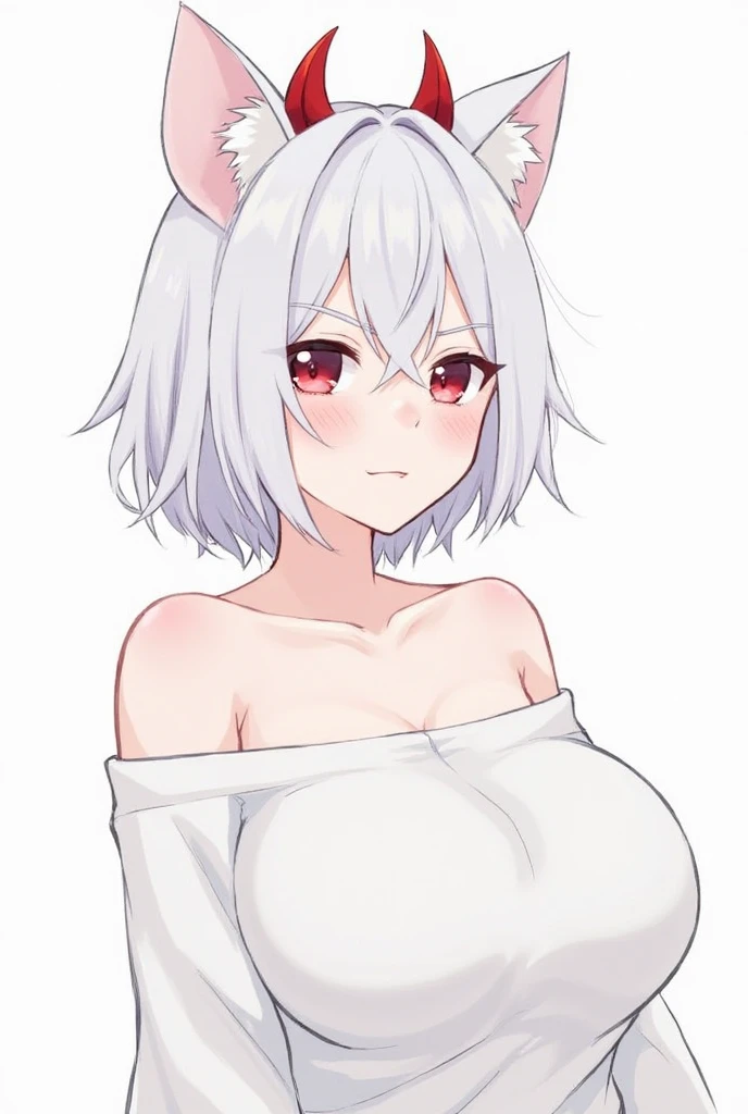 masterpiece,highest quality, animal_ears, wolf_ears, short_hair, red_eyes, white_hair, hat, tokin_hat, wolf_tail, tail, blush, breasts, one person in, 1 girl, separated_sleeve, blush, yellow_eye, looking for_in_viewer, just_shoulder