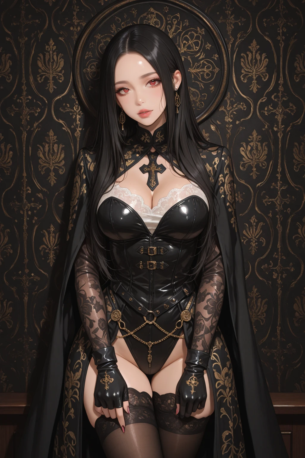 tmasterpiece,top Quority,best qualtiy,offcial art,Beauty and aesthetics:1.2),(1girl:1.3),The is very detailed,,Most detailed,Raised sexy,A lot is exposed, (shiny skin), ,(earrings:1.4),black lence stockings:2,long leges:2