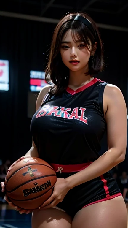 (Beautiful mature woman:1.2) (Bold Makeup) (sexy) (Huge breasts:1.2) deep (high quality) High resolution, Super detailed, Attention to detail, high quality, Awards, 最high quality, High resolution, 1080P, High resolution, 16K, Big Breasts , Round , deep cleavage, Open cleavage, Hanging , (Sunburn:1.2) (Long Hair) (Underbust) (basketball jersey:1.3) basketball