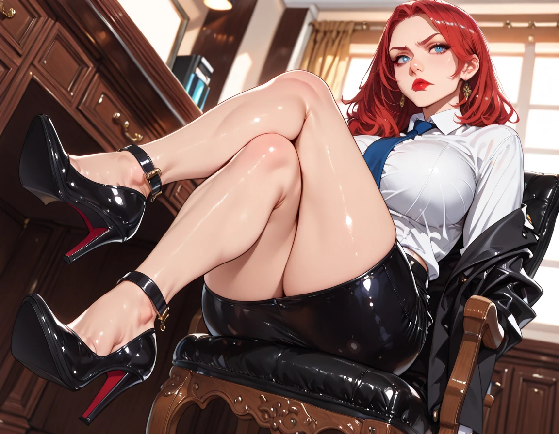 ((Highest quality)), ((masterpiece)), (Familiar), Hazy, Female,Mature Woman,Purple Hair, short hair, Low Ponytail, eye shadow, lipstick, Red eyes,(Red Shirt),Red and black jacket,Large Breasts,{Erect nipples},Cleavage, White tight skirt,Red Heels