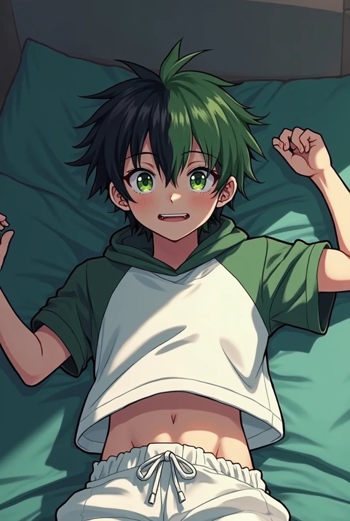1 boy, young alien boy, messy short green hair and pink eyes, green skin, black shirt, blushing, in a bed