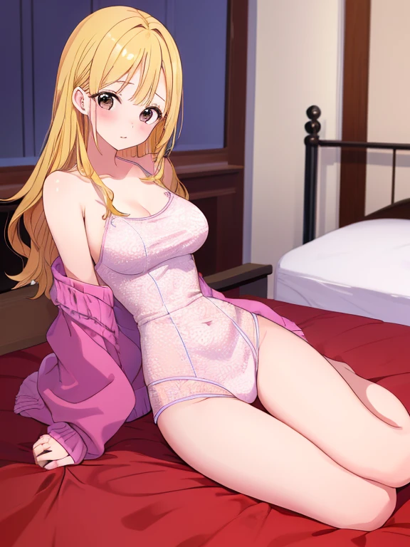 nude Hachimiya Meguru with blue eyes, blonde hair and with very large breasts and a very thin waist in a pink see-through t-shirt, short pink wee-through skirt and twintails standing with a puffed up chest and arched back, smiling while looking at the viewer. She is standing in front of a bed covered in pillows in a palace bedroom. She wears a jewel navel piercing, and long golden chain earrings. Prison shackles is hanging from the wall.