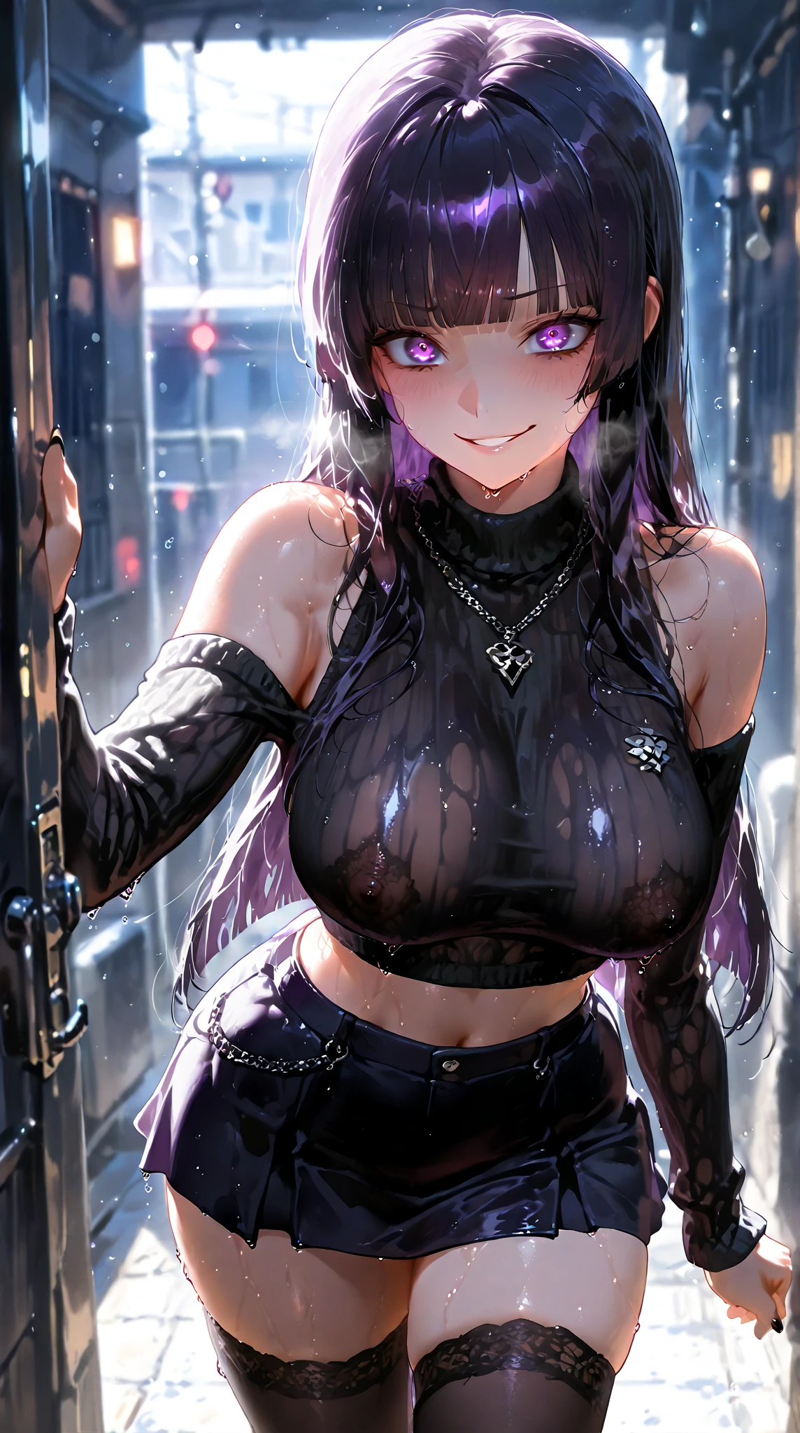 1 girl, 20 years old girl, one person, (black striped cyclamen:1.4), (gradient cyclamen ends:1.6), hairline, absurdly long hair, braid, single side lock, shiny hair, floating hair, (illusion cyclamen eyes), delicate eyes, aqua eyes, super high detailed eyes, long upper lashes, ((glowing eyes)), makeup, Focus on face, Very detailed facial treatment, Pretty face, Perfect breasts, hot body,  (Fine leather texture:1.2), breaking, White extra long skirt, Fashion clothing, necklace, Technical clothing masterpiece, on the street, looking at the starry night sky, meteor, detailed background, perfect layer cropping, clear focus, (magazine:1.3), (cover-style:1.3), octane number, Tyndall effect, lifelike, dark studio, side light, two-color lighting, realism, chiaroscuro, (glowing light), spark, ray tracing, cinematic lighting, futurism, motion blur, atmospheric perspective, depth of field,  Bokeh, best quality, UHD, super detail, masterpiece, highres,
