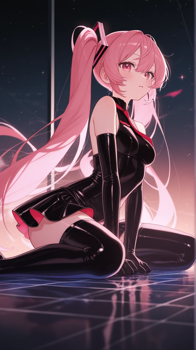In the world of hell，Pink haired girl in symbiote suit，There is a bright pink tattoo in the style of the uterus on the lower abdomen，Bright pink pupils，Positive hugs，Full body detail 4K，Dreamlike，and its detailed full-body detail 4K