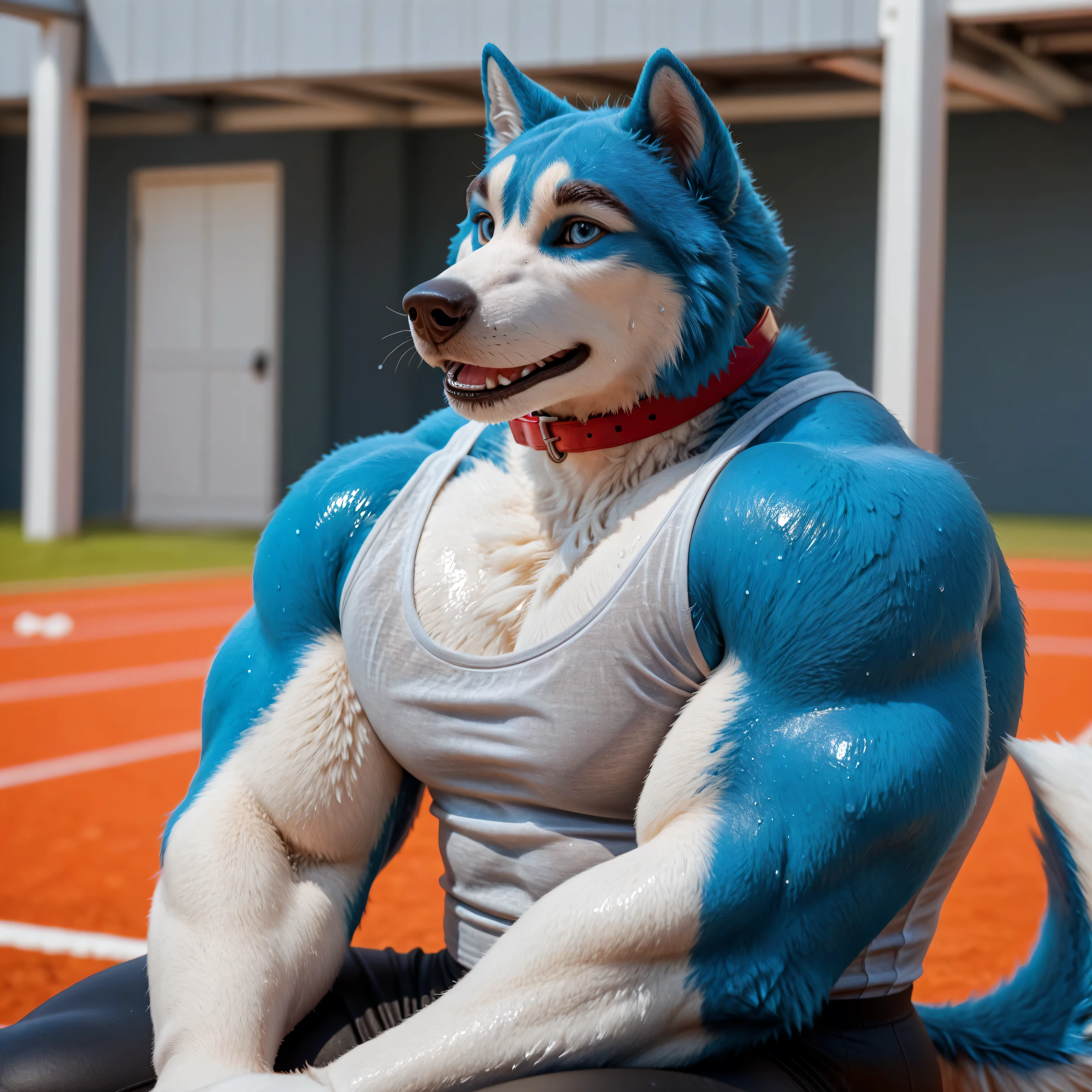 husky dog, realistic, high quality, best resolution, detailed, male, adult, solo, masculine, (very muscular:1.4, heavyweight body:1.2, anthro body, big body), half body:1.1, upper body, detailed eyes, correct muscles, correct anatomy, handsome, strong, strong chest, ((glistening fur, glistening body, glossy fur)), furry body, detailed fur, t4r4nf1dd13r, blue eyes, bright eyes, sports field, sitting, sweaty tanktop, (white tanktop), sports pants, posing, red collar