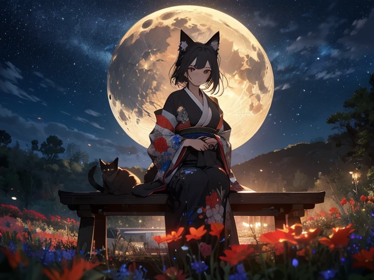 1girl, (solo), short hair, black hair, cat ears, (white sexy kimono), deep neckline, gold eyes, bored, small lips, big breasts, cat tail, small size, tanned skin, kneeling on beach, ocean behind, (days), (very sexy body, detailed face, masterpiece, highly detailed, 8k, best quality, vibrant colors, digital art, concept art)