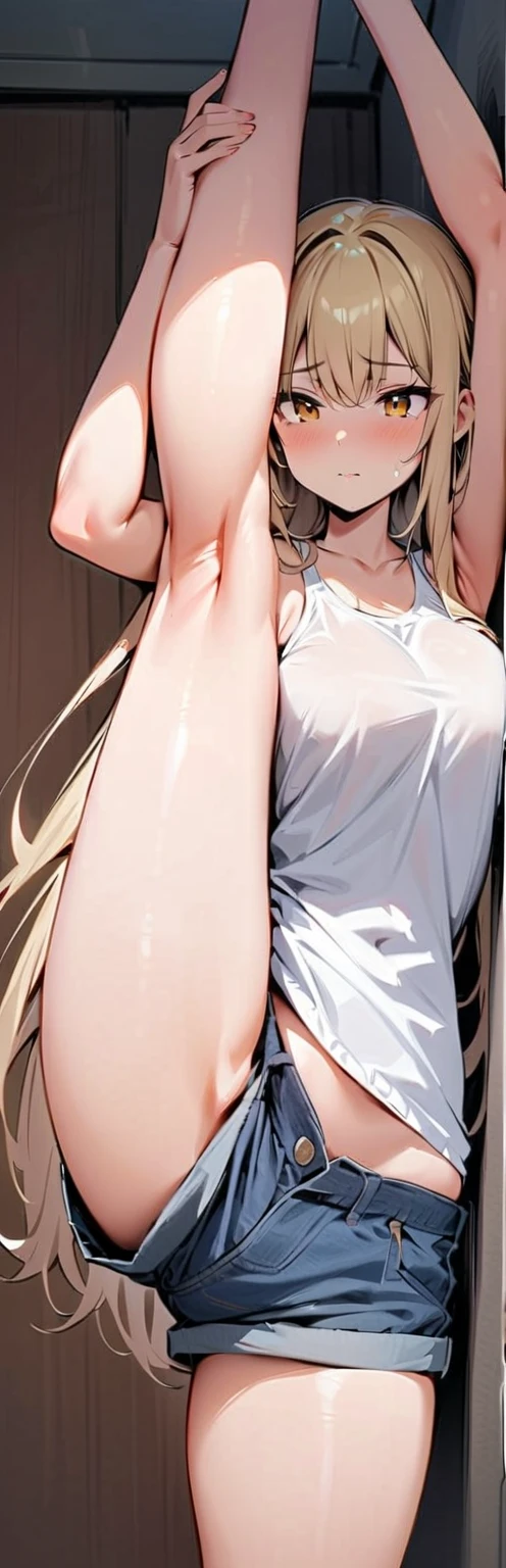 (masterpiece, highest quality:1.2), One girl, alone,Are standing_Split, View the viewer, Are standing Split,Standing on one leg, Pussy_hair,Wet and see-through shorts,Erect nipples:2.5,pussy juice:2.5, Yuuki Asuna,SAO,