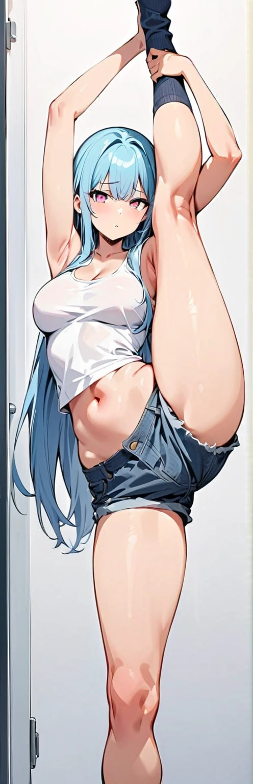 (masterpiece, best quality:1.2), 1girl, solo,standing_split,
long hair, White sleeveless tank top,blue denim shorts