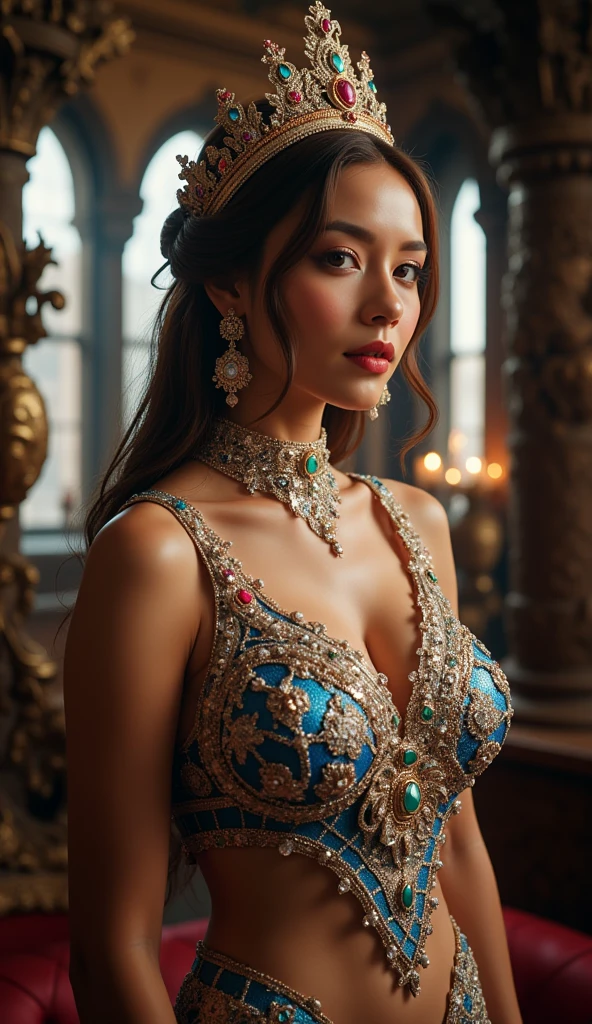 (RAW photo, best quality), gorgeous Indonesian girl, 20 year old, close up person shoot, (realistic, photo-Realistic:1.3), best quality, brown eye, masterpiece, beautiful and aesthetic, 16K, (HDR:1.4), high contrast,wearing tight red kebaya , intricate details, tradisional Indonesia theme, black batik sarong, big beautiful breast, (vibrant color:0), (muted colors, dim colors, soothing tones:1.4), cinematic lighting, ambient lighting, sidelighting, Exquisite details and textures, cinematic shot, Cold tone, (Bright and intense:1.1), wide shot, by xm887, ultra realistic illustration, siena natural ratio,  Full length view, long silky black hair, gold bracelet,  a beautiful indonesian model,exotic tropical skin,  charming, standing   cleavage, hour glass body, an alluring and playful smile, Ruby necklace, bracelet, art by Esao Andrews, graceful, Josephine Wall, Charlie Bowater, in the style of detailed character design,8k resolution, intricate lines, rococo style, glowing colors an ultra hd, detailed painting, digital art, Jean-Baptiste Monge style, bright, beautiful, splash, glittering, cute and adorable, filigree, rim lighting, extremely, magic, surreal, fantasy, digital art, WLOP, Artgerm, James Jean, broken glass effect, stunning, energy, molecular textures, iridescent and luminescent scales, breathtaking beauty, pure perfection, divine presence, (ancient indonesian theme:1.5),  unforgettable, impressive, breathtaking beauty, volumetric light, by ivv, rays, vivid colors reflects, uhd,kebay4