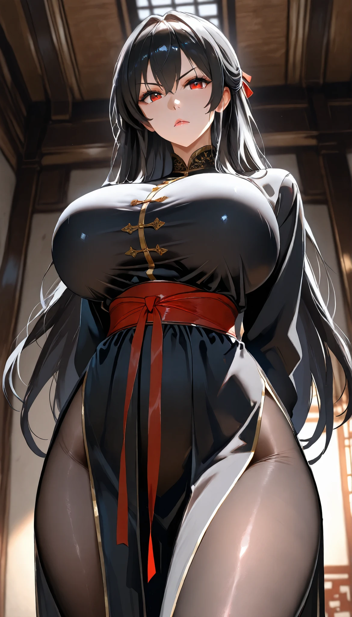 UHD, (A female with Black long hair),serious,expressionless,shiny skin,perfect body,Black Tighs, in a Chinese Classic room,Arms behind back, wearing a Black Cheongsam(Hanfu type),Black pantyhose, ultra-detailed, masterpiece, best quality, solo, upper focus, chiaroscuro,atmospheric,(Cowboy shot),(Close-up),first-person view, tachi-e,(Look at the viewers),(((Hbig bosom)))