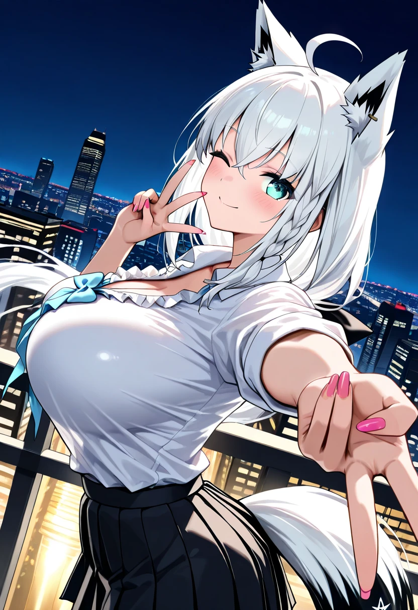 NSFW,masterpiece,Highest quality,High resolution,Super detailed,Shirakami Fubuki\(Hololive\),Gray Hair、One-sided braid、Ahoge、Earrings,Fox ears,Fox tail,nurse,Pink see-through nurse uniform,Nurse cap,Stethoscope,Embarrassed,blush,Expecting face,Bewitching Smile,Sexy look,Hospital at night,Examination room,desk,pc,Chair,(Seduce),Cleavage,examine,Chairに座っている,From the side