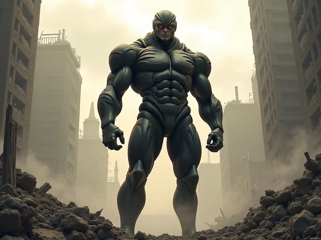 A man screaming of wining a fight with a monster, wideshot, make him wearing fighting suit