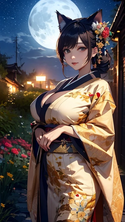 masterpiece、highest quality、High resolution、high quality images、8K, 1 female、skin luster、skin texture、Expression of fine eyes、Girl with long braided hair, realism, Detailed manga style, manga art style, perfect line drawing, beautiful line drawing, digital manga art girl, 
(beautiful golden eyes:1.5), Clear, beautiful eyes、plump lips, Detailed gorgeous face, (cute smile), charm, Front view, (perfectly detailed face), (fine hands) 、photorealistic images, Depth of written boundary, face forward , night sky , night view ，beautiful starry sky  , romanticism、(Taisho Era、japanese kimono:1.5)、(large breasts:1.5)、smile、blush、Black Hair、Gorgeous blue sparkling earrings、Gorgeous gold bracelet、Gorgeous gold anklets、(oblong face:1.5)、(Sparkling Glitter:1.2)、Cover your forehead with bangs、Bangs between the eyes、(full body:1.0)、(standing:1.3)、(portrait:1.6)
Graceful、Kyoto street,heartful、Moon Night,The beautiful old town of Kyoto