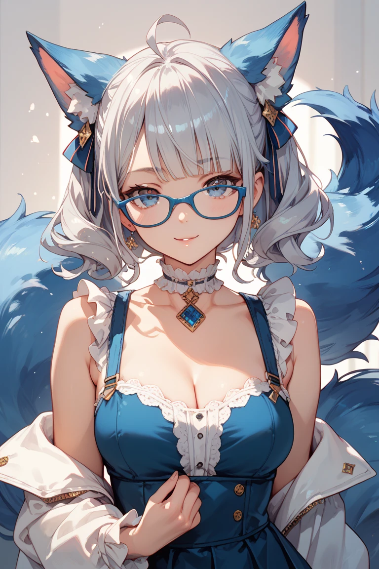 adult anime girl, white hair pigtails, black ribbons, blushing, blue eyes, white cat ears, blue diamond earings 8k, high res, 1 girl, good lighting, fine detail, fur jacket and blue jeans, glasses, red glove on right hand (masterpiece), perfect face, best quality, looking at view, snowing