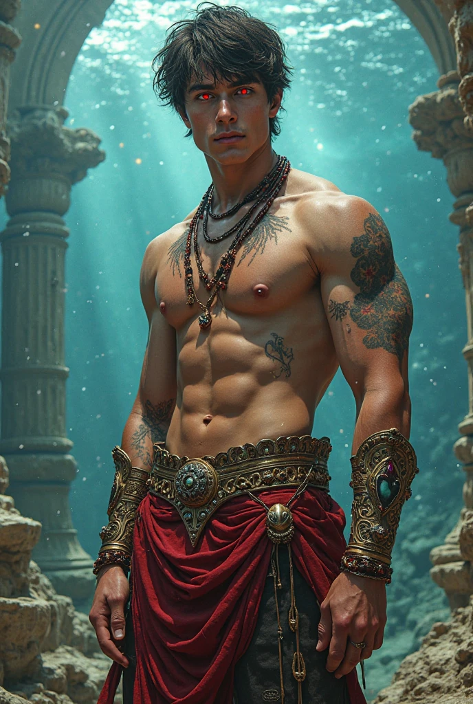 Photorealistic, mexican male model , ((best quality)), ((masterpiece)), (detailed),masculine portrait of young aztec god prince, 18-year-old male models, handsome, tall, cute looking, evil look, dark look, powerful, young male, handsome model, clean shave, green eyes. (short curly messy brown hair), messy curly hair, (short hair:1.4) strong, muscular, fit, massive muscles, six pack, shirtless, barechested, muscle, ripped, strong body, fit body, aztec neckless, aztec loincloth, (aztec draped cloth skirt), aztec garment, aztec pyramid in the background, (dark night background:1.2) (aztec temple:1.4), 8k, high detailed, ultra-detailed, Stylish Pose, real skin texture, dark cinematic lighting,