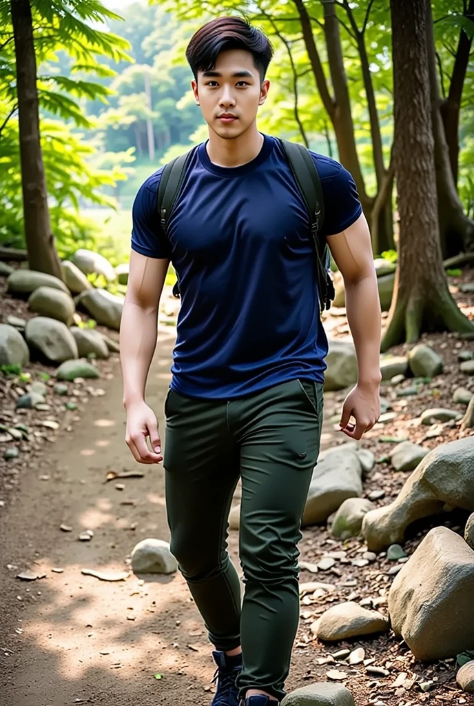 generate a master photograph describing a shapely Man, a peaceful forest scene with tall trees and dappled sunlight filtering through the leaves, (8K, best quality), he has a physique like Jun Shison, long sleeves, smile, brown hair, black hair, (hard chest, six pack, v cut), half body, walking along a forest path with a relaxed and content expression, wearing comfortable hiking clothes and carrying a small backpack, (He has sexy buttocks, Most sexy booty, Most sexy glutes), Manly, Mancore, (He has fit hips, sexy hips, sexy fit hips, extremely sexy hips), (asian skin, glistening skin, beautiful complexion), shot on Fujifilm superia, (Studio soft light, high detail, cinematic lighting, rim lighting), Style: (hyperrealistic, by DynastySeries FashionNova, photo, {{{masterpiece photography}}}, analog photograph, professional fashion photoshoot, trending on artstation, synthwave, krrrsty), Quality: (photographed, masterpiece, highest resolution), Definition: (highres, sharp focus, 8k uhd, ultra photo-realistic resolution), Film: (80 mm, shot on portra 120, shot on Fujifilm), Resolution: (extremely detailed, (sharp focus:1.5), cinematic lighting, dramatic lighting, ultra photo-realistic), luxury: mohawk hairstyle