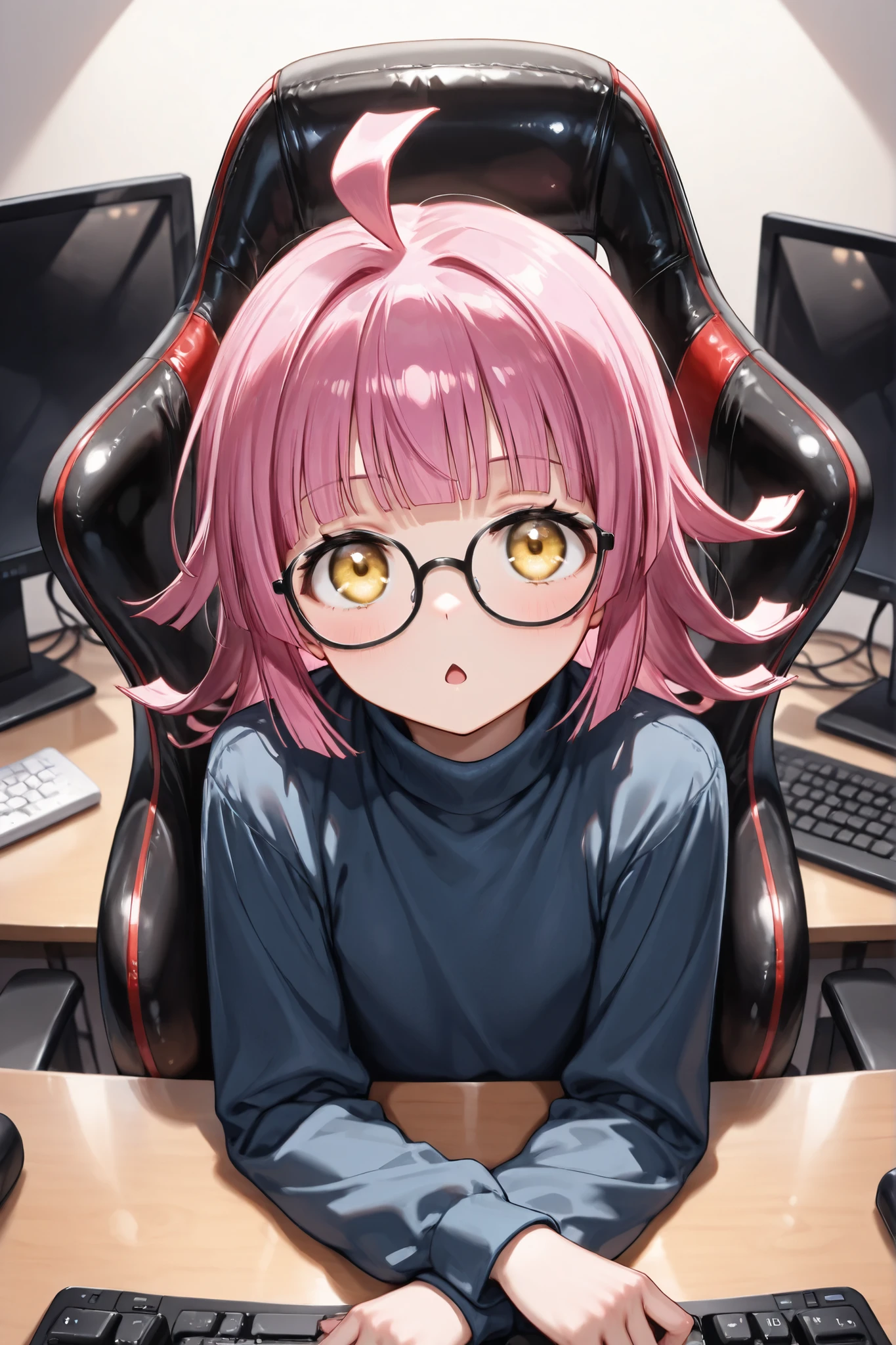 ((Masterpiece)),((best quality)),((incredibly absurdres)),((8K)),(semi realistic),
1 girl,solo,young,Tennoji Rina,yellow eyes,pink hair,stupid hair,blunt bangs,medium hair,blunt ends,flat chest,baby face,()
(black eyewear),(navy blue turtleneck shirt),black skinny jeans,shirt untucked,
look at viewer,chestnut mouth,
sitting on gaming chair,arms on table,
indoors,white wall,(black desk),
Particle,monitor light,Soft light,Lighting,(dark room:0.5),
medium shot,portrait,