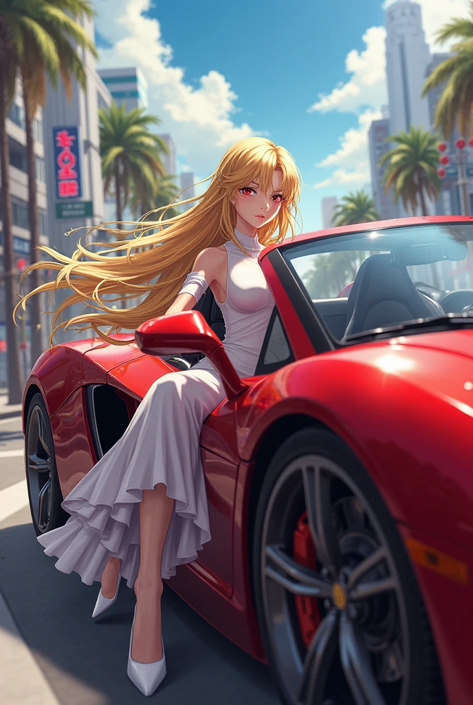 1 beautiful race queen in front of a race car, parasol, separate costume, bangles on arms, shimmering summer sun background, anime style, full body view, long attractive legs, high heels