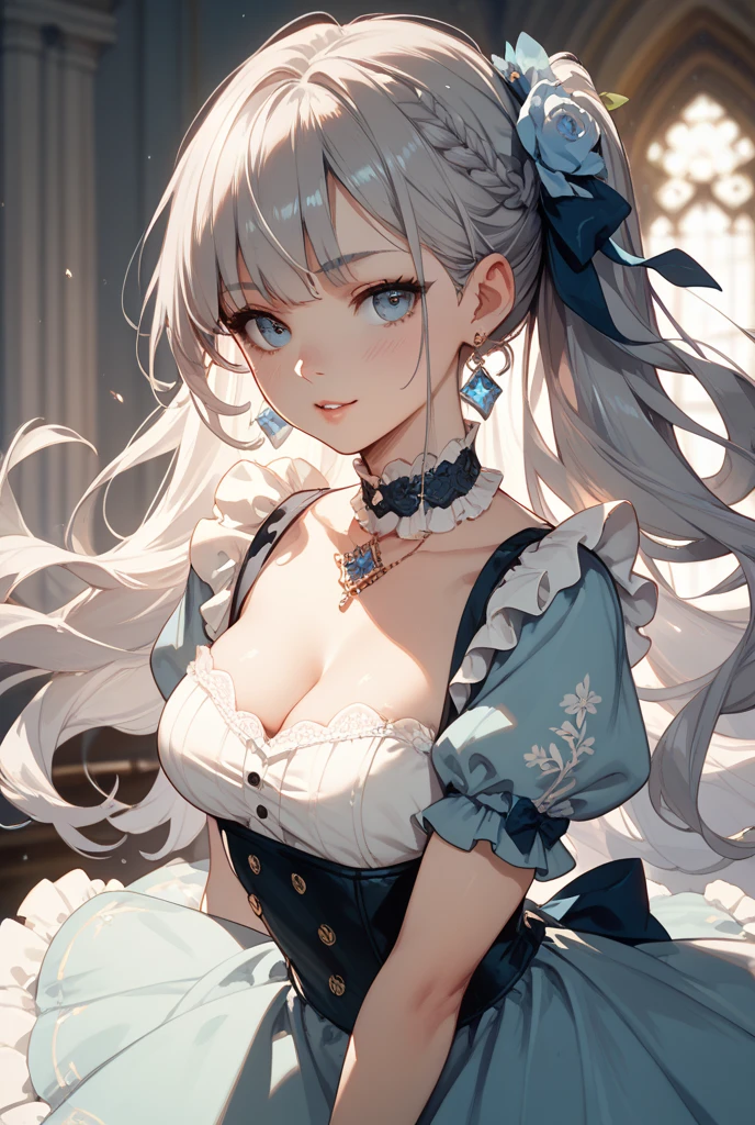 (top-quality、​masterpiece、high-level image quality、Super delicate)、a beauty girl、smooth ash gray hair、(Loose ponytail tied with a black ribbon)、Gorgeous yellow eyes、large full breasts、((Blue Sleeveless Sexy Dress))、top grade、(Estrus look)、Black Knee High Socks、((The chest is hollowed out in the shape of a heart)