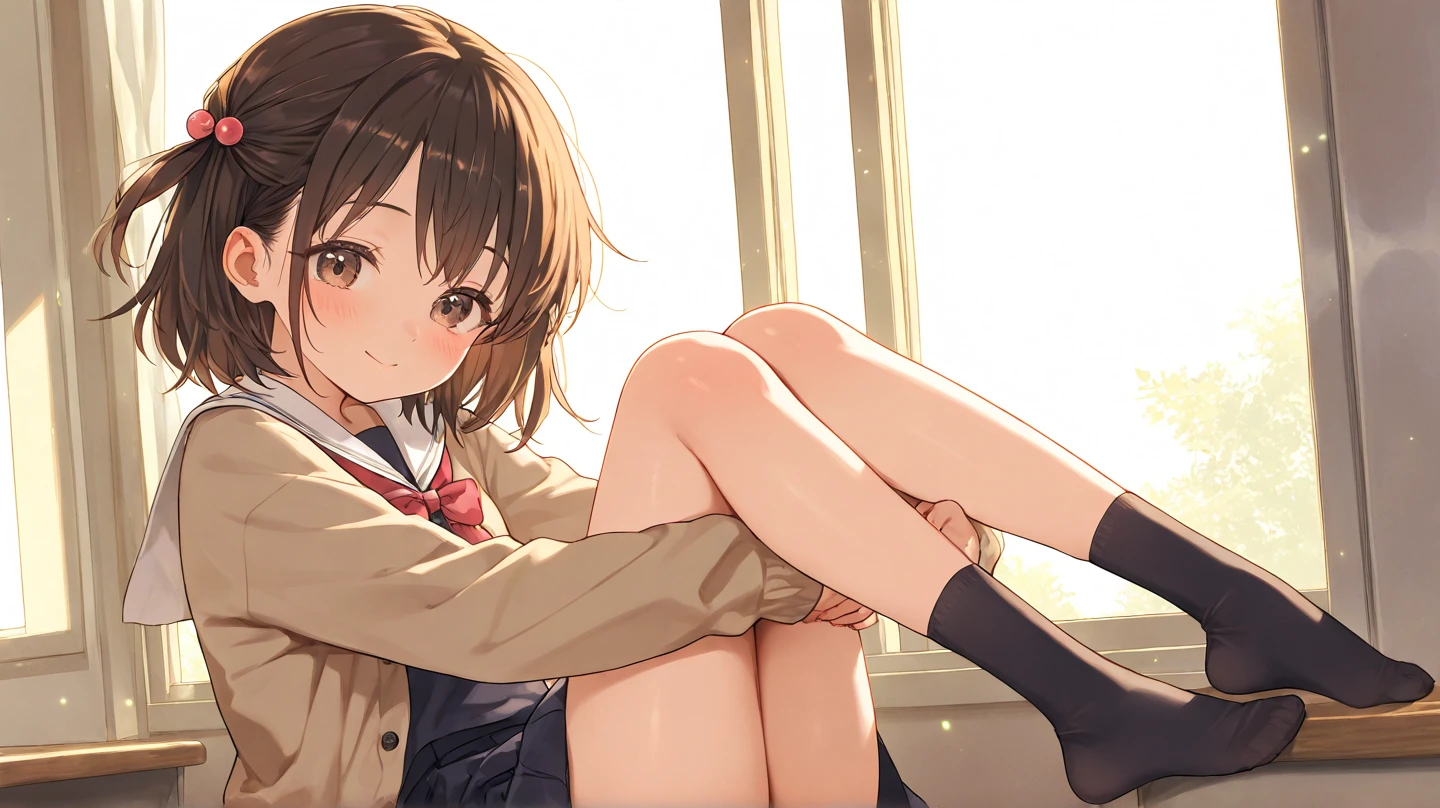 (((1girl))), ((best quality)), (((masterpiece))), ((ultra-detailed)), (illustration), (detailed light), (an extremely delicate and beautiful), (beautiful detailed eyes), (sunlight), ((extremely light)),
((((school blazer and a brief pleated skirt)))),
school girl,
wavy medium hair, (((dark brown hair))), (((medium length hair))),
(((deep orange eyes))),
((whole body)), aged 14 to 17,
diamond, beautiful, ((extra elegant)), (((condescending expression))), (sexually mischievous smile), (((extra adorable))), (((extra slender shape))),
(((((sitting on her knees on the sofa with her legs erotically up and open wide)))),
((((exposed silky white panties)))), (((extraordinarily thin thighs))),
(((ankle socks))),
