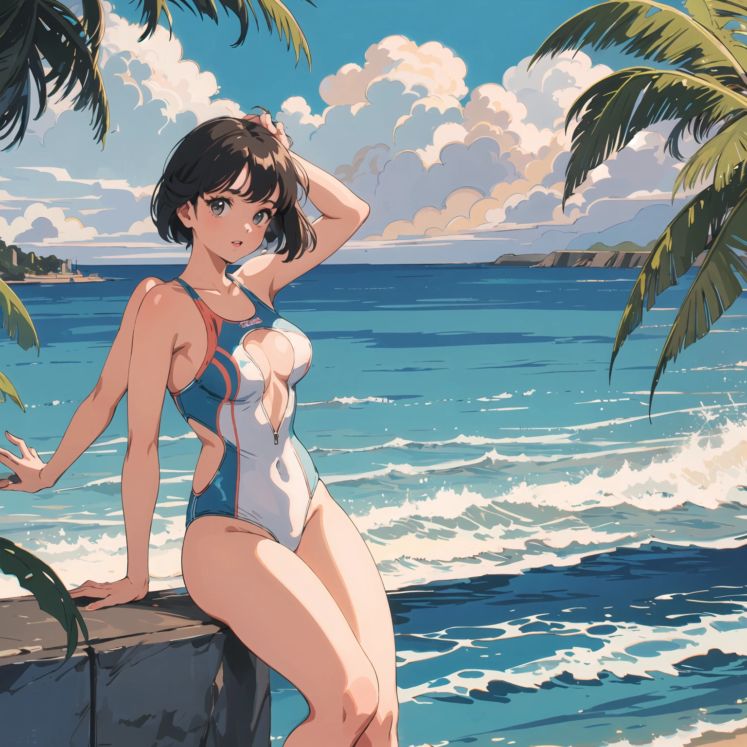 Beautiful girl in bikini on the beach, Epic style, octane rendering, Desert composition, beautiful face, surreal, oil on canvas, award-winning, masterpiece, Trending with ArtStation, by Studio Ghibli