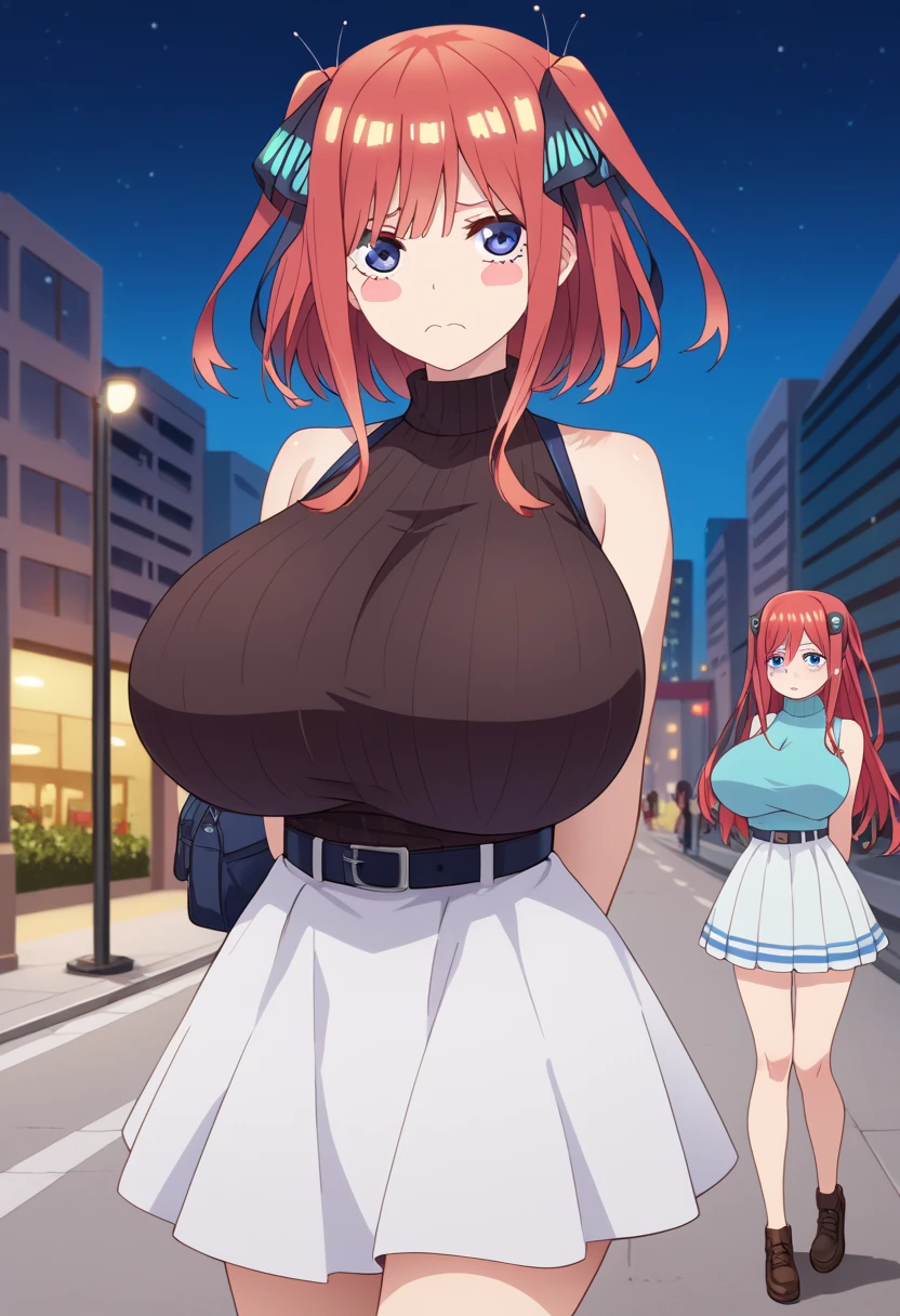 smile, Pencil_Dress, pink eyes, green hair, wide hips, gigantic breasts, cityscape, gigantic breasts, breasts out of dress, no bra, Pervertedly, shy, short green hair, stoplight, traffic, short height