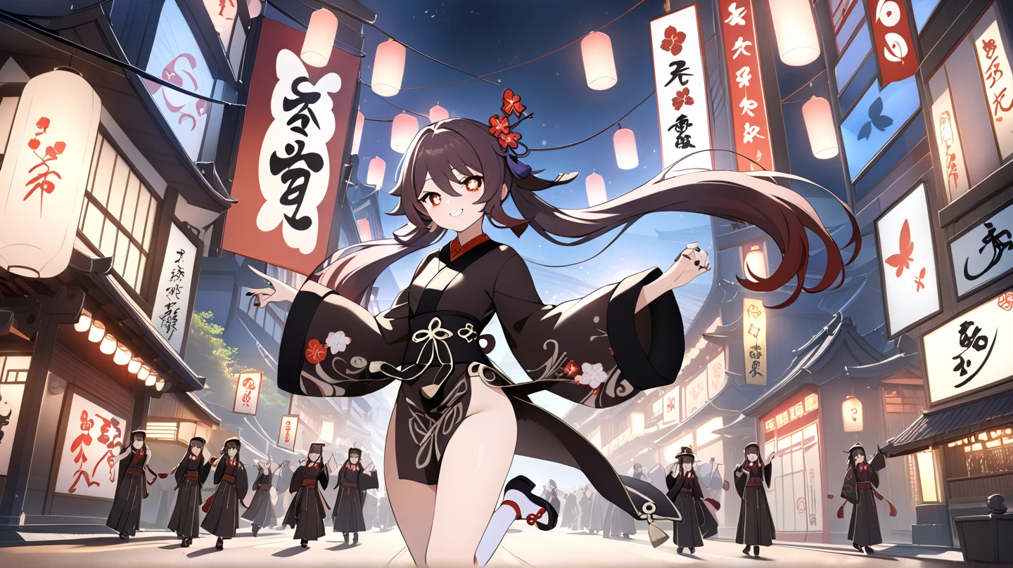 (masterpiece, best quality:1.2), (1girl, solo), 20years old, (full body, wide shot:1.1), (kimono, undressing, black bikini bra, bare shoulder), arms crossed in front of the chest, (black hair, single bun), demon horns, gleaming skin, Japanese ancient capital, (Japanese ancient festival, MATSURI)