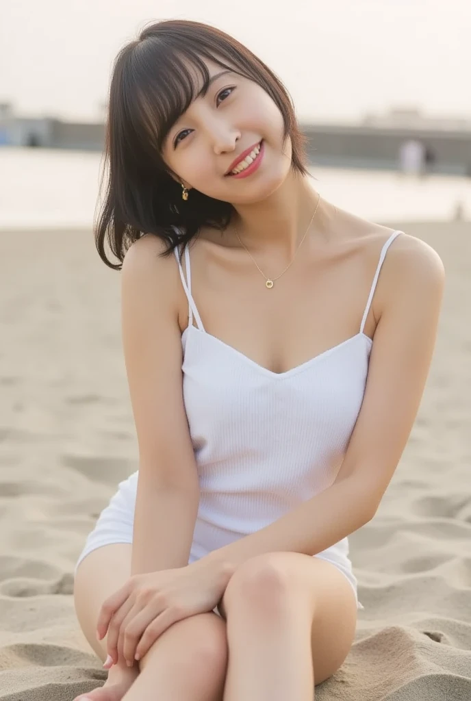 highest quality,1 female,Very large breasts, Diameter about 50cm、Tight waist,Beautiful 20 year old Japanese woman, Angle from the front of the woman(1:5),smiling woman on the beach,Woman sitting with legs apart