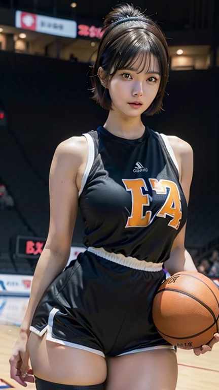 (8k, RAW photo, best quality, masterpiece:1.2), (realistic, photo photorealistic:1.4), illustration, high resolution, hexagon, (1 girl), gorgeous, rough skin, (oval face:1.1), professional lighting, photon mapping, radiosity, physically based rendering, cute, in basketball suit, big breasts, (), on basketball court, pureerosface_v1:0.3