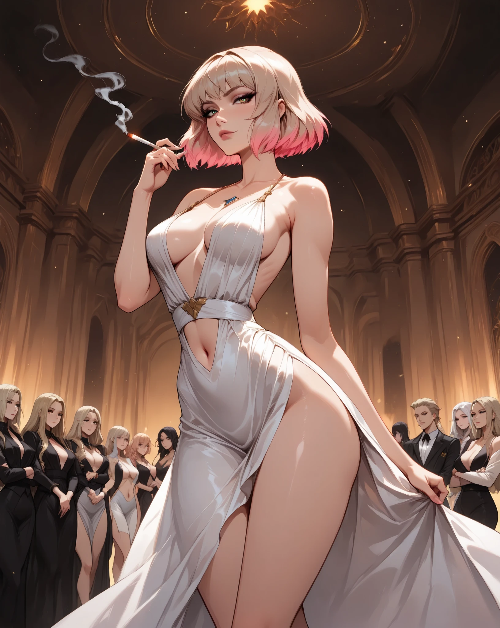 A group of 1920s flapper girls with large breast dressed in clothes of the era in a speak easy dancing, 8k, hdr, high quality, masterpiece, perfect face, highly detailed, photorealistic