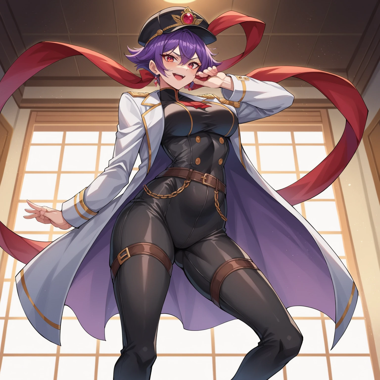 Sabrina_Pokemon, very long purple hair, red eyes, red skirt, black bodysuit, white gloves, pantyhose, looking at viewer, serious, smiling, skirt lift, from_below, inside fancy dining room, warm ambiance, high quality, masterpiece, <lora:Sabrina_Pokemon_Anime:.8> <lora:btlifsk:.7>