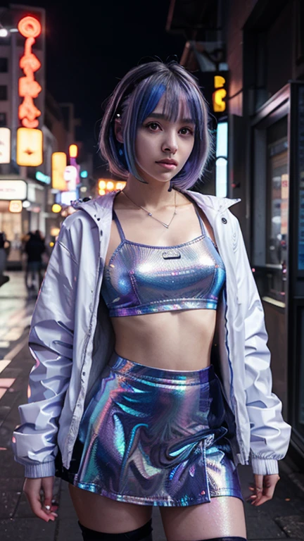 (realistic:1.3), finely detailed, quality, rembrandt lighting, (masterpiece:1.2), (photorealistic:1.2), (best quality), (detailed skin:1.3), (intricate details), dramatic, ray tracing, 1girl, japanese girl, 21 years old, detailed skin texture, (blush:0.5), (goosebumps:0.5), subsurface scattering, smiling, medium breasts, short hair curls, bangs, hair between eyes, (chromatic dispersion, glowing colors:1.2), metallic_lustre, transparent_plastic, raincoat, coloured glaze, Polychromatic prism effect, rainbowcore, iridescence, cowboy shot, dancing, (EDM dance club, rave, spotlights, multicolored neon spotlights),  <lora:liuli:0.7>